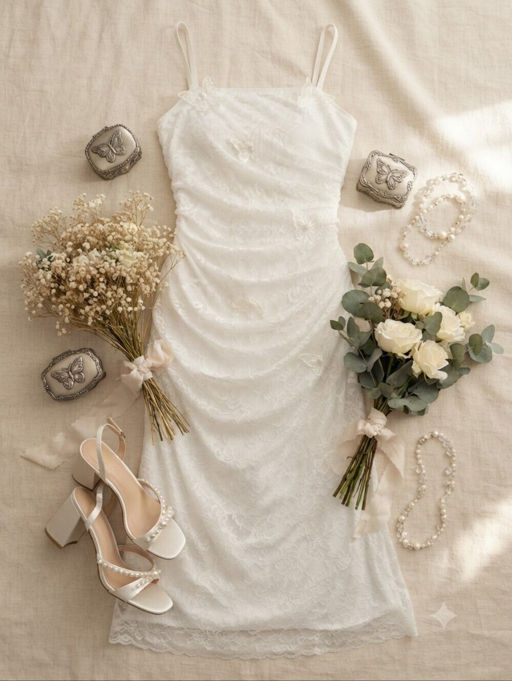White Lace Butterfly Applique Spaghetti Strap Bodycon Dress
